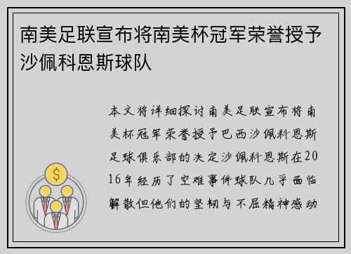 南美足联宣布将南美杯冠军荣誉授予沙佩科恩斯球队 南美足联宣布将南美杯冠军荣誉授予沙佩科恩斯球队