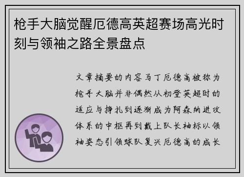 枪手大脑觉醒厄德高英超赛场高光时刻与领袖之路全景盘点 枪手大脑觉醒厄德高英超赛场高光时刻与领袖之路全景盘点